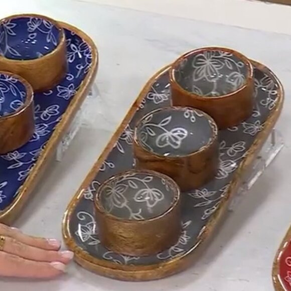 Temp-tations Floral Lace Set of (3) Wood Ramekins with Elongated Tray GRAY - Picture 1 of 4